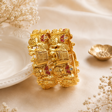 Indian Gold Plated Temple Elephant Cuff Bangles Pair with Ruby Crystal Accents Traditional Bridal Jewelry