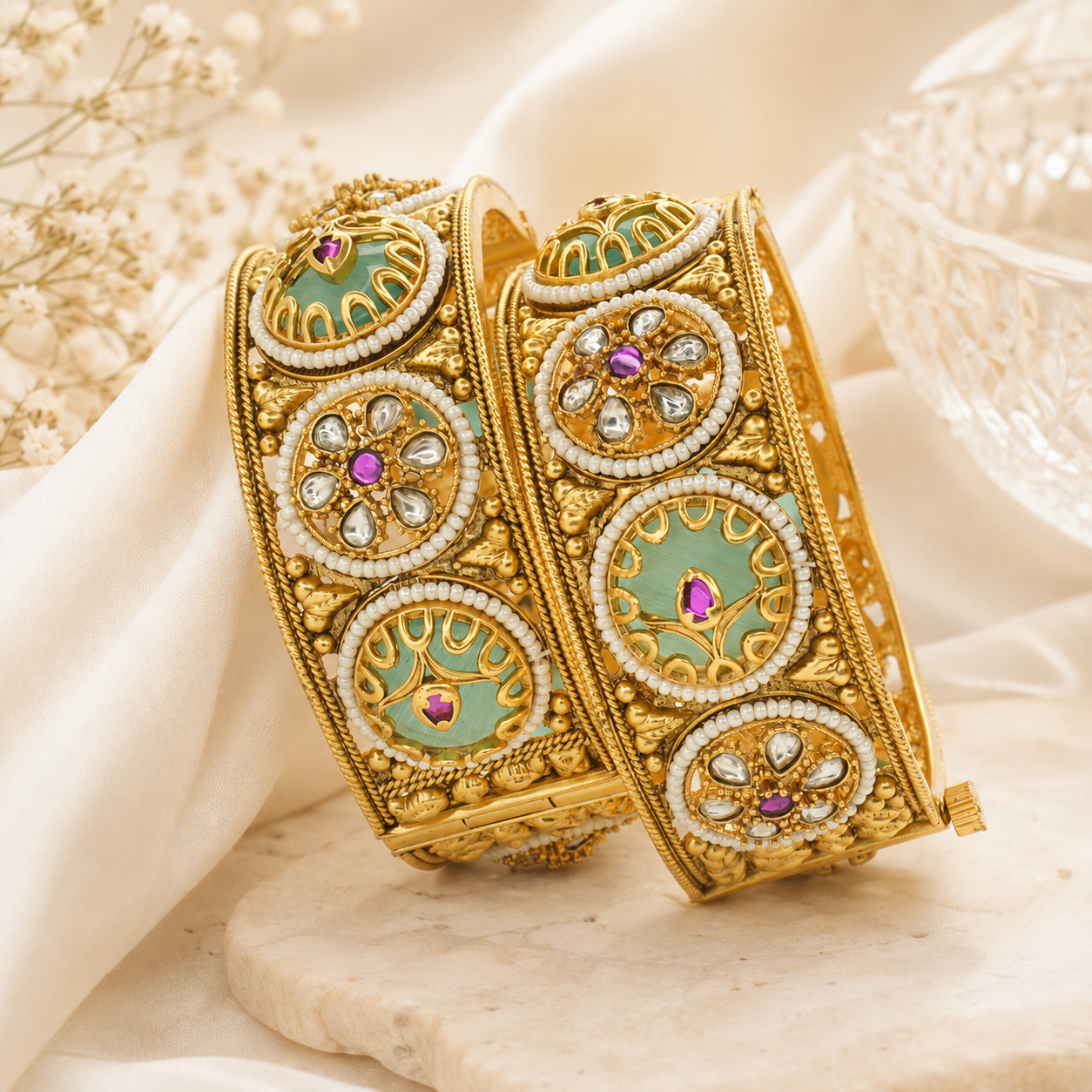 Designer Gold Plated Meenakari Kundan Bangles Pair for Women - Latest Wedding Party Wear Kangan