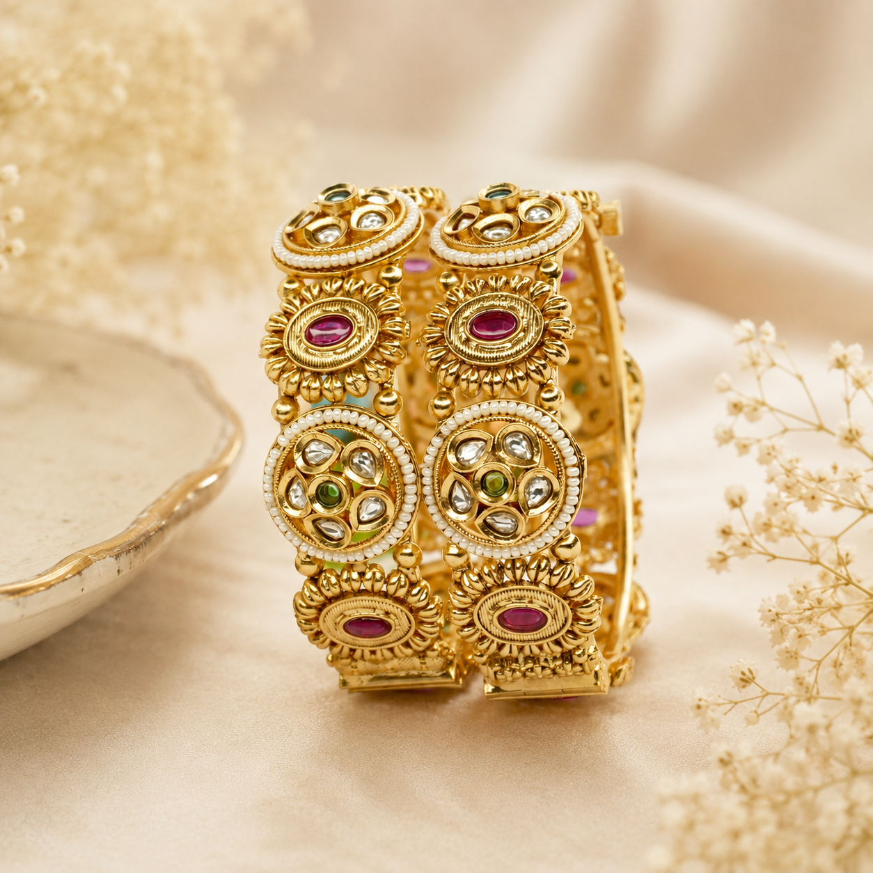 Premium Gold Plated Kundan Pearl Openable Kangan Bangles Pair for Women Wedding Bridal Ethnic Wear