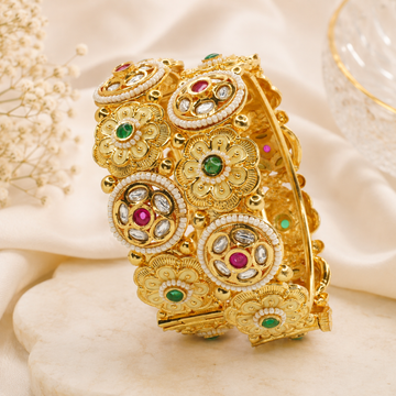 Gold Plated Kundan Floral Openable Bangles Pair for Women – Traditional Designer Bridal Wedding Ethnic Kangan Jewelry
