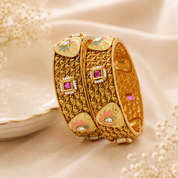 Traditional Bridal Gold Plated Meenakari Ruby Pearl Kangan Bangles Pair for Indian Wedding Jewellery