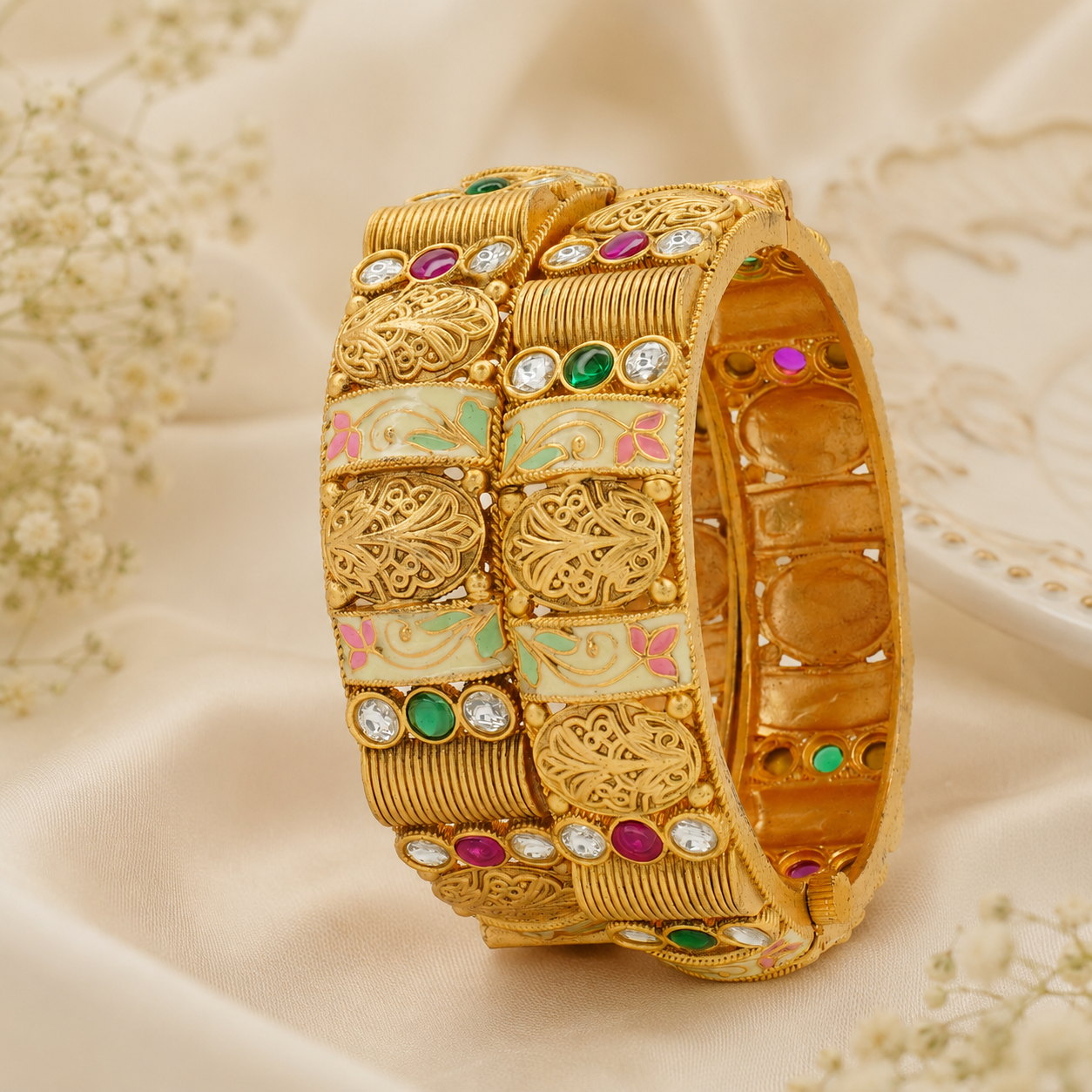 Handcrafted Gold Plated Meenakari CZ Bridal Bangles Pair - Indian Ethnic Wedding Jewelry for Women