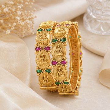 Gold Plated Lakshmi Temple Bangles Pair for Women - Traditional Bridal Kangan with Ruby Emerald Stones