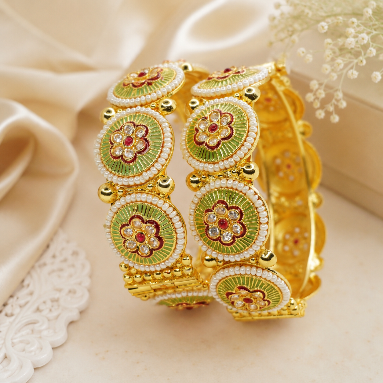 Gold Plated Meenakari Floral AD Bangles Pair for Women – Traditional Pearl Kangan for Bridal Wedding & Festive Wear