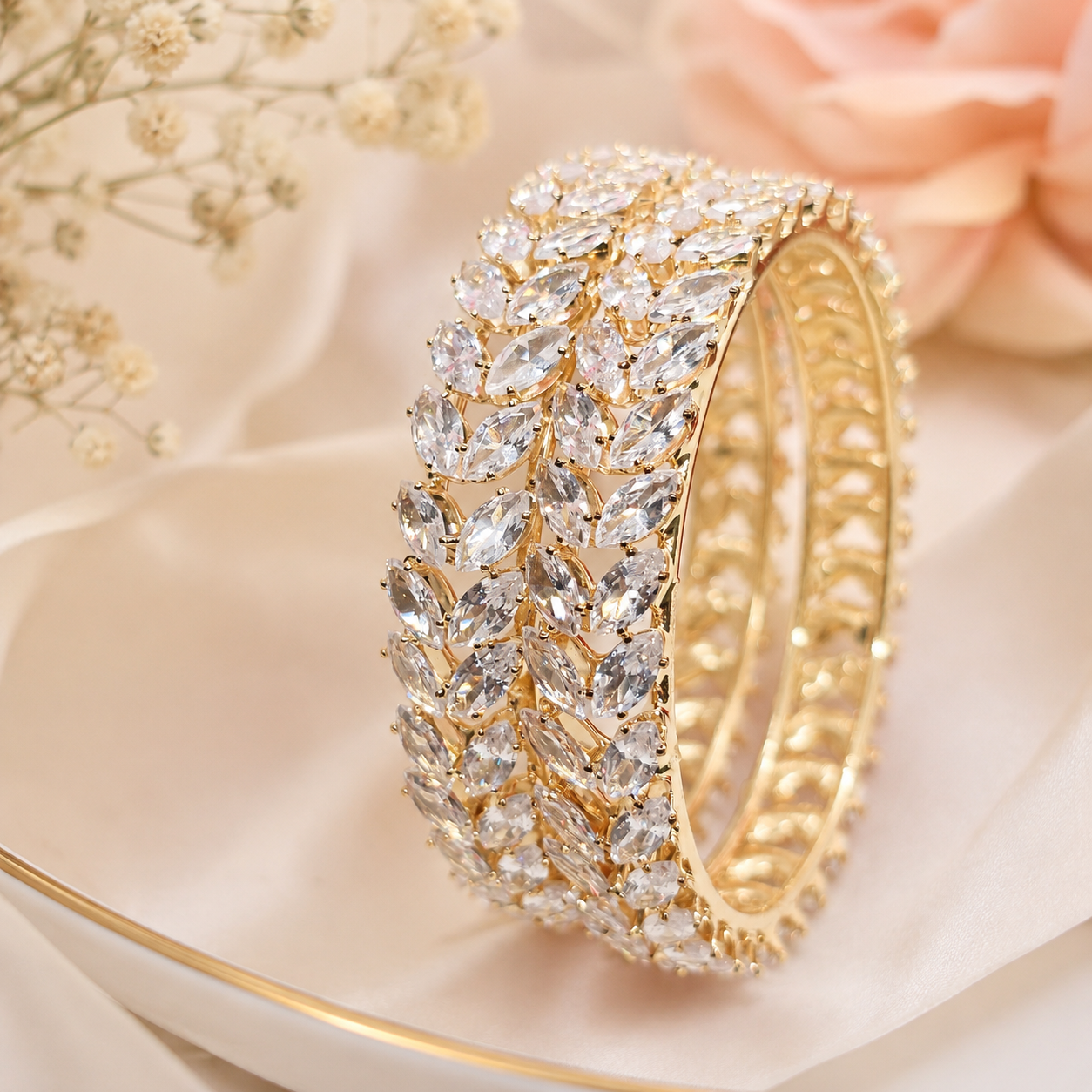 Bridal Gold Plated American Diamond Leaf Kangan Bangles Pair for Wedding Reception Women