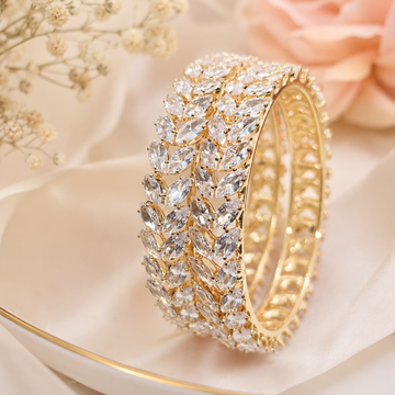 Bridal Gold Plated American Diamond Leaf Kangan Bangles Pair for Wedding Reception Women