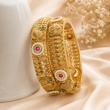 Designer Bridal Gold Plated Pearl Ruby Emerald Kangan Bangles Pair for Wedding Traditional Jewellery