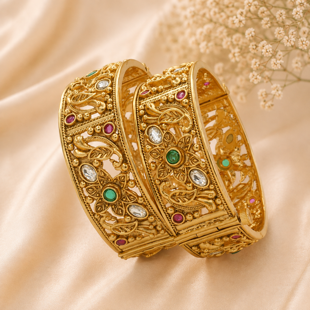 Indian Gold Plated Floral Filigree Bridal Bangles Pair with Ruby Emerald & Crystal Stones for Women