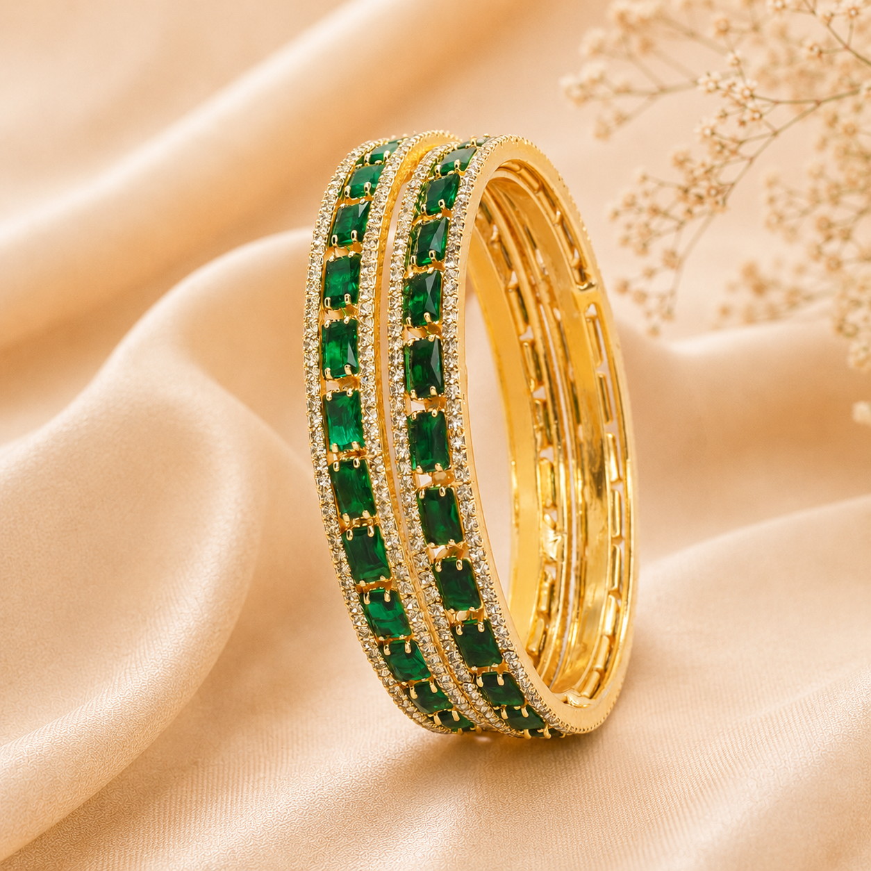 Designer Gold Plated Emerald Green AD Kangan Bangles Pair for Women Bridal Wedding Party Wear Traditional Ethnic Jewellery