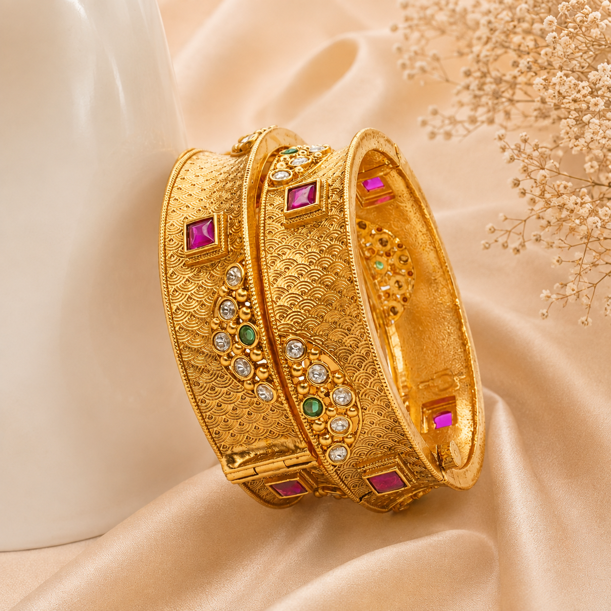 Traditional Gold Plated Bridal Kangan Bangles Pair Ruby Emerald AD Wedding Jewelry for Women