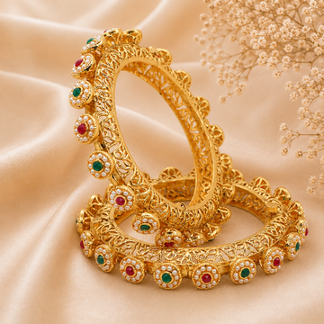 Gold Plated Designer Filigree Kangan Bangles Pair with Pearl Ruby Emerald Stones for Women Wedding Party Wear
