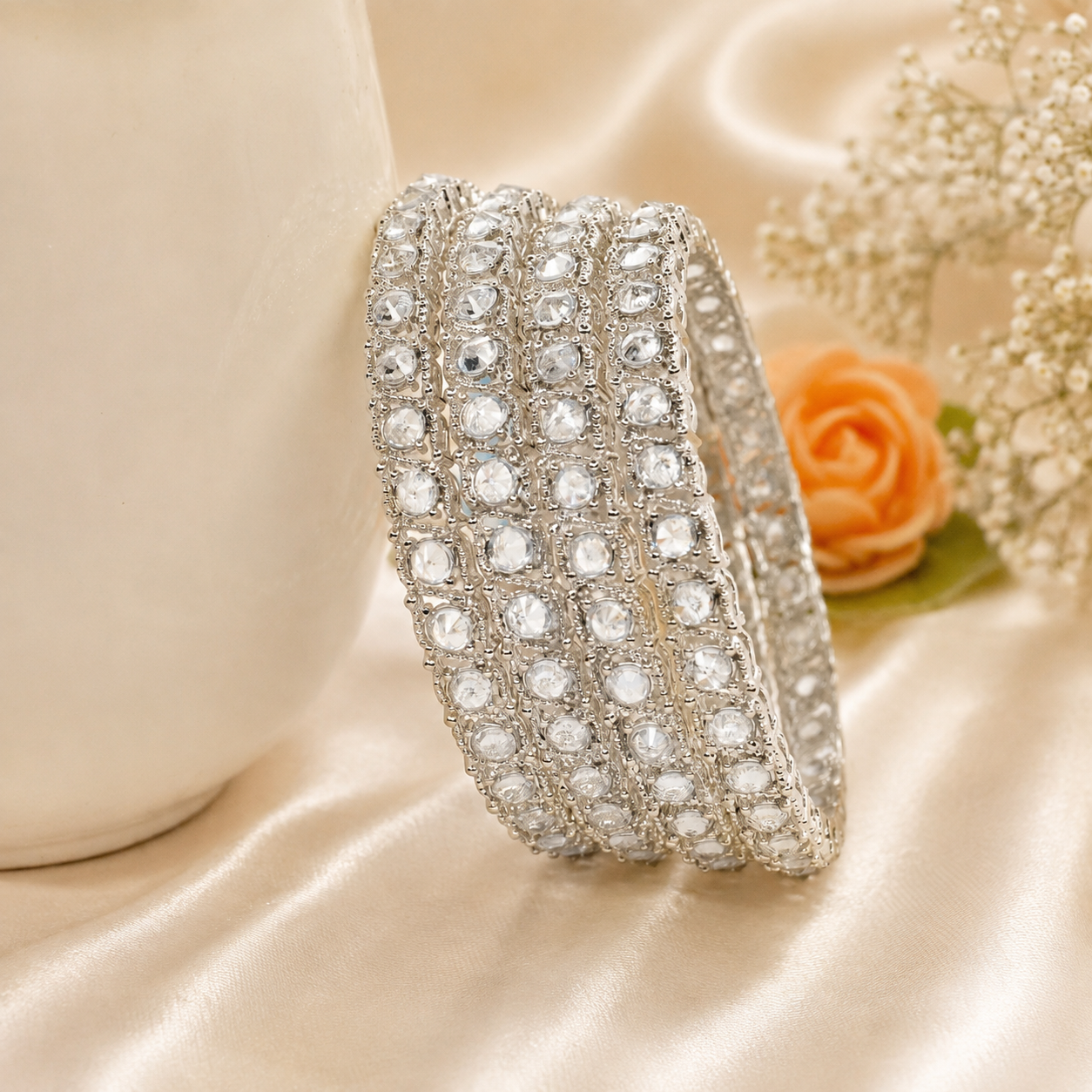 Designer Rhodium Plated American Diamond Bangles Set of 4 for Women Bridal Wedding Party Wear CZ Stone Luxury Kada Chudi