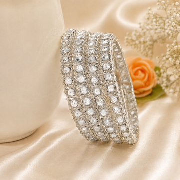 Designer Rhodium Plated American Diamond Bangles Set of 4 for Women Bridal Wedding Party Wear CZ Stone Luxury Kada Chudi