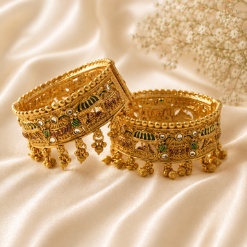 Latest Gold Plated Traditional Kundan Meenakari Kangan Pair for Women Wedding Party Wear