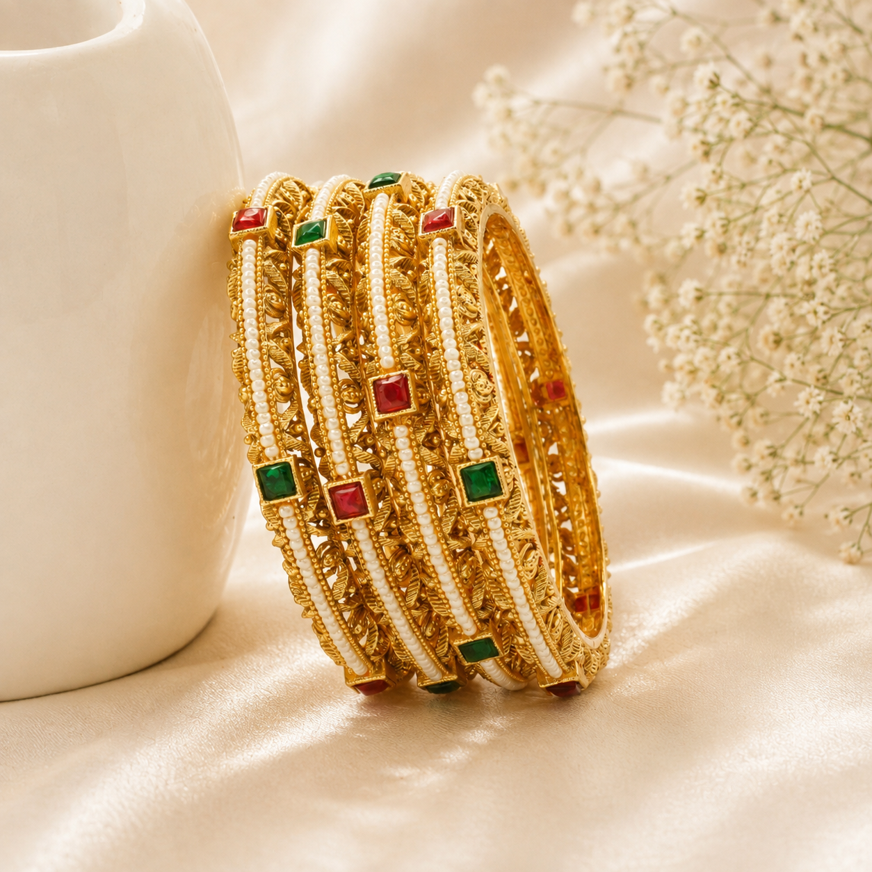 Trending Designer Gold Pearl Bangles Set | Ruby Emerald Bridal Kangan for Women