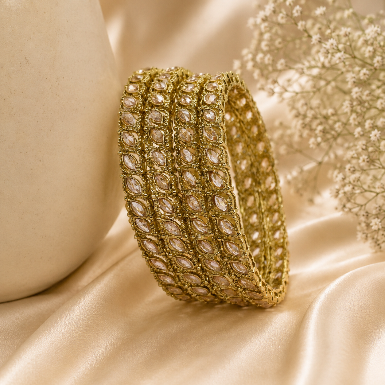 Indian Gold Plated CZ Marquise Bangle Set | Bridal Wedding Ethnic Jewelry for Women