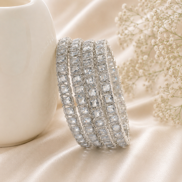 Designer Rhodium Plated American Diamond Princess Cut Bangles Set of 6 for Women Bridal Wedding Party Wear Silver AD Chudi
