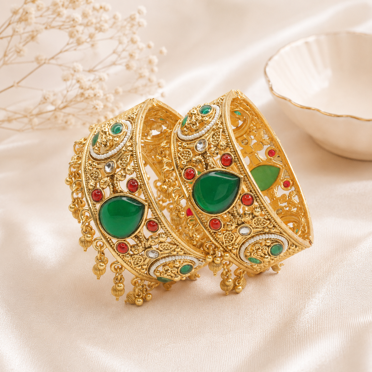 Traditional Bridal Gold Plated Emerald Ruby Pearl Openable Kangan Bangles Pair for Indian Wedding Wear