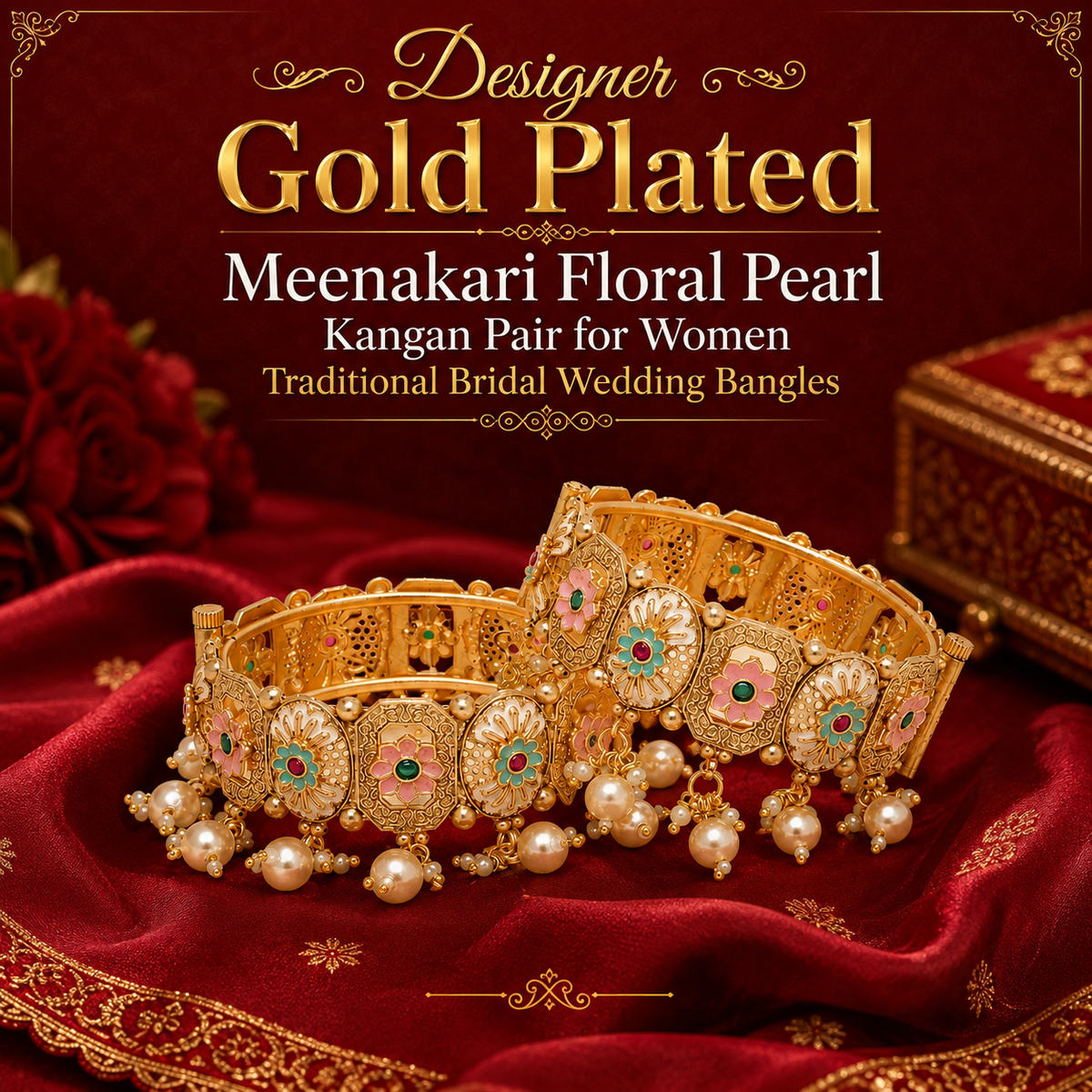 Designer Gold Plated Meenakari Floral Pearl Kangan Pair for Women Traditional Bridal Wedding Bangles