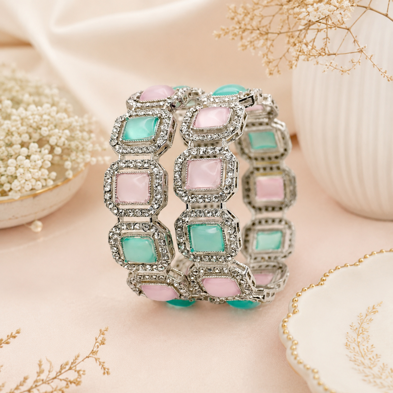 Designer Rhodium-Plated Kundan Style Multicolor Statement Bangles