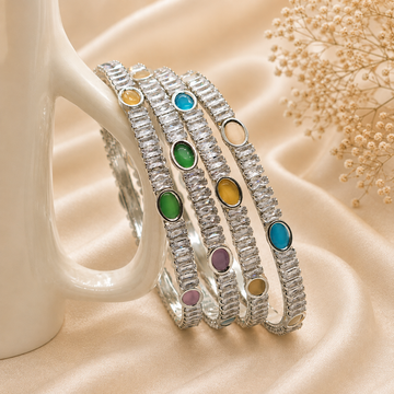 Trending Silver American Diamond Cat's Eye Stretch Bracelet for Women | Designer Party Wear Bracelet