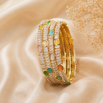 Handcrafted Gold Plated CZ Crystal Stackable Bangles Set with Multi Color Oval Stones for Women