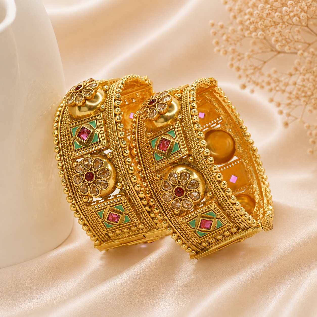 Handcrafted Indian Gold Plated Kundan Meenakari Bridal Bangles Pair Ethnic Wedding Jewelry for Women