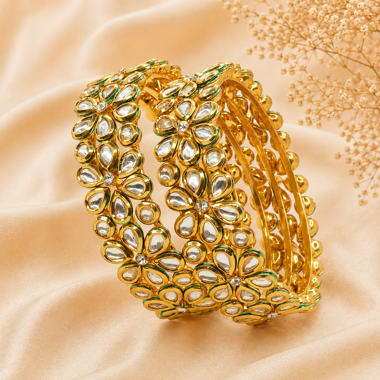 Premium Gold Plated Kundan Flower Bangles Pair for Women Wedding Bridal Ethnic Traditional Wear