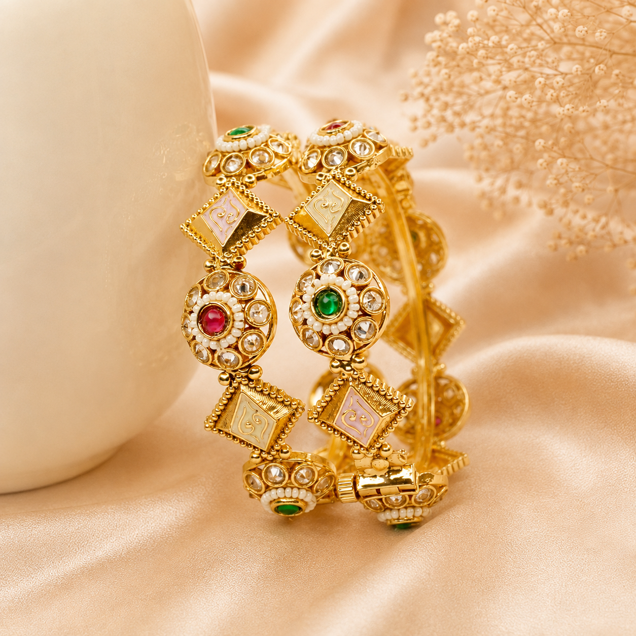 Latest Gold Plated Traditional Kundan Pearl Bangles Pair for Women Bridal Ethnic Designer Kangan