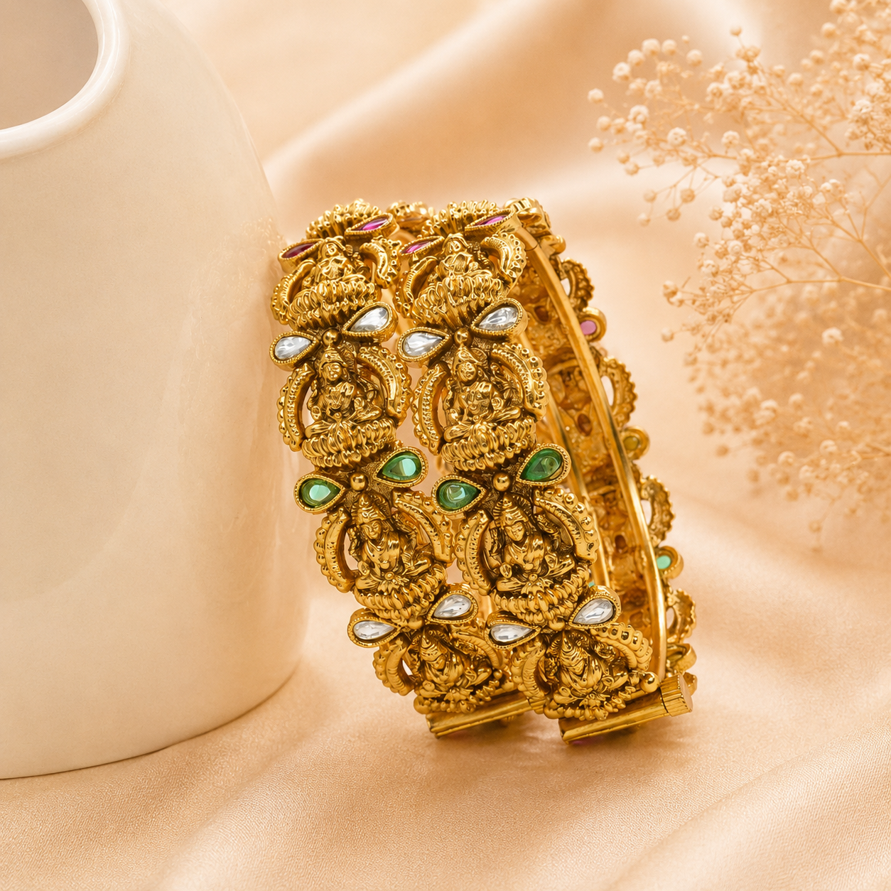 Traditional Lakshmi Temple Bridal Kangan Pair Gold Plated Wedding Bangles for Women