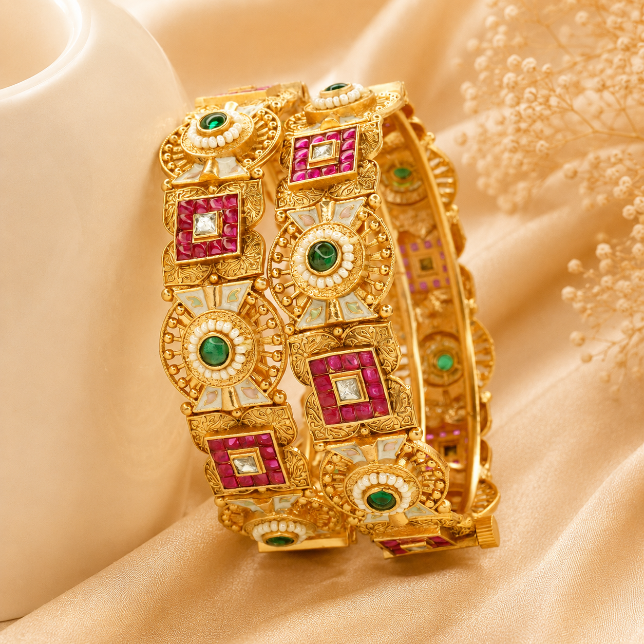 Designer Gold Plated Meenakari AD Pearl Kangan Bangles Pair for Women Bridal Wedding Party Wear