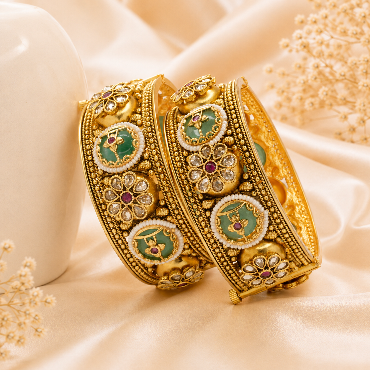 Traditional Bridal Gold Plated Green Meenakari Kundan Openable Kangan Bangles Pair for Wedding Women