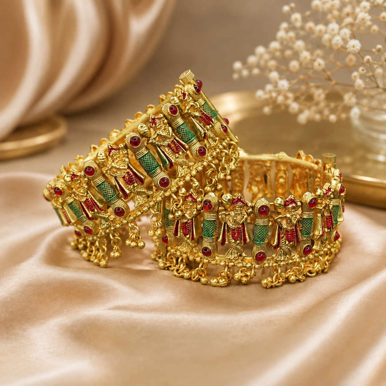 Indian Handmade Gold Tone Meenakari Temple Bangles Pair Ethnic Bridal Jewelry for Women