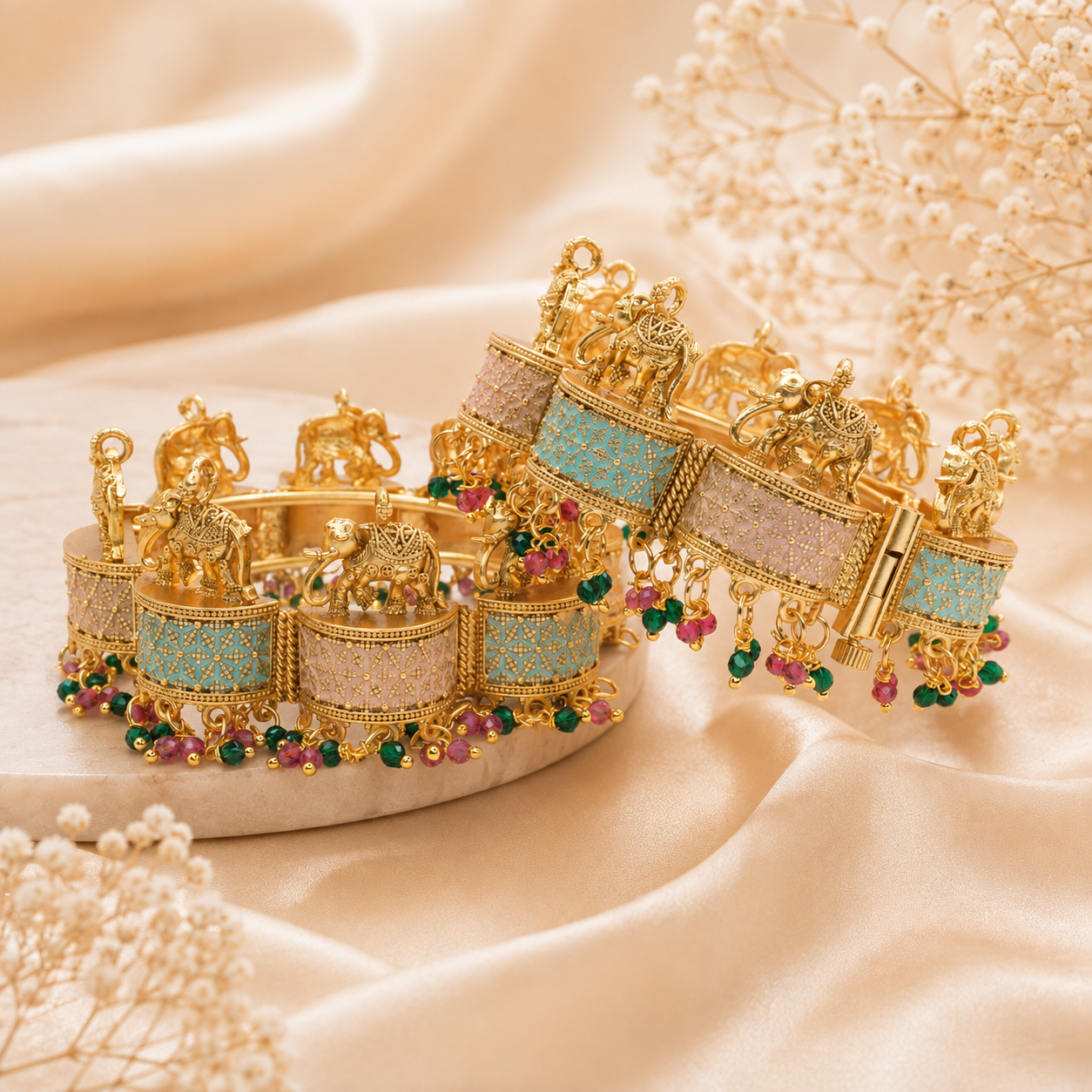 Designer Gold Plated Elephant Meenakari Openable Kangan Bangles Pair for Women Traditional Bridal Wedding Festive Wear