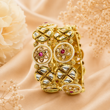 Handcrafted Indian Gold Plated Kundan Bridal Hinged Bangles Pair with Ruby Floral Motif Traditional Ethnic Jewelry