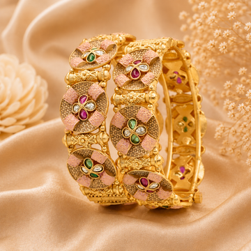 Designer Gold Plated Pink Meenakari Kundan Openable Kangan Bangles Pair for Women Traditional Bridal Wedding & Festive Wear