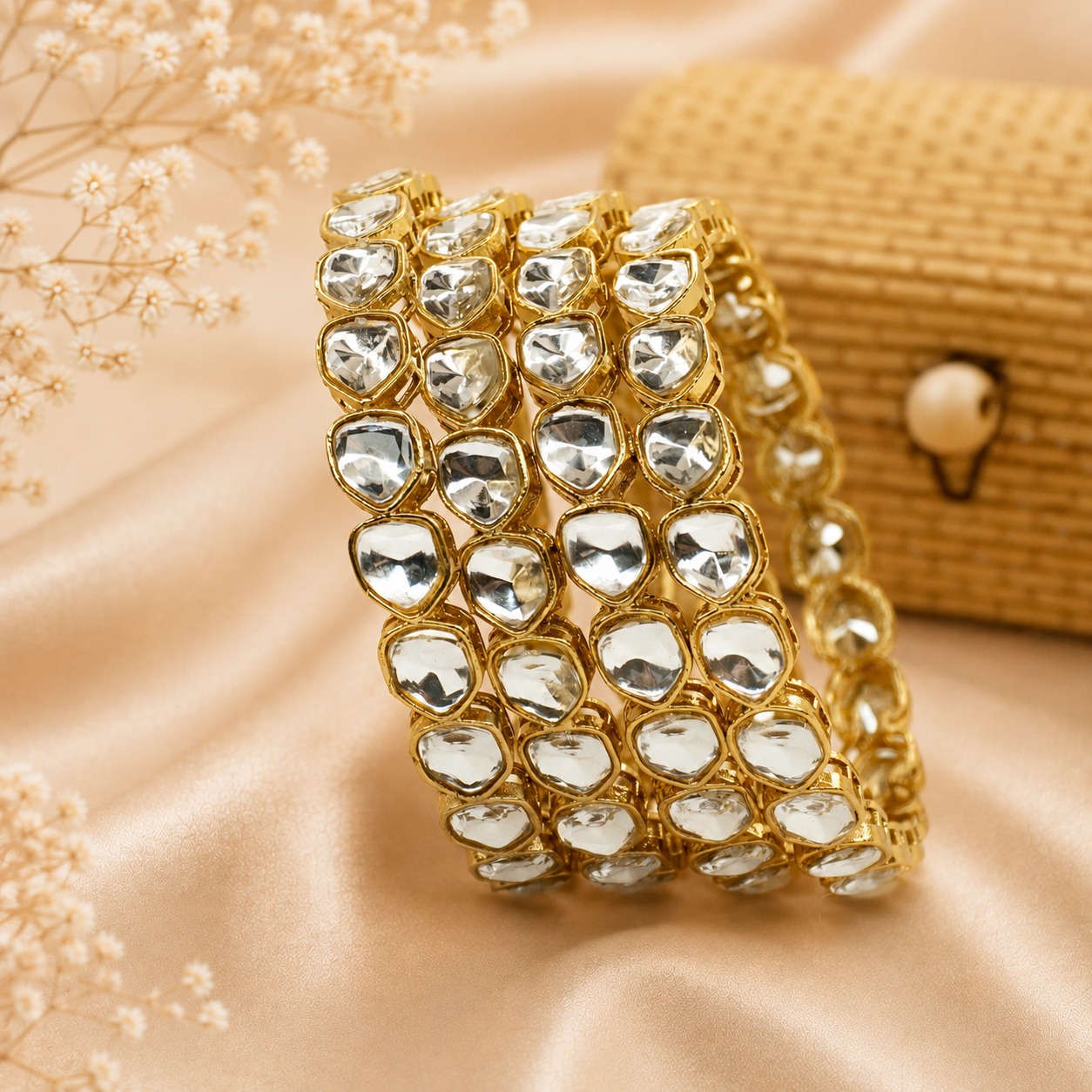 Handcrafted Gold Tone Kundan Glass Stone Bangle Set for Women Indian Wedding Jewelry