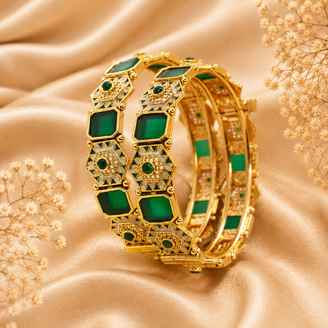 Designer Gold Plated Green Meenakari Openable Kangan Bangles Pair for Women Wedding & Festive Wear