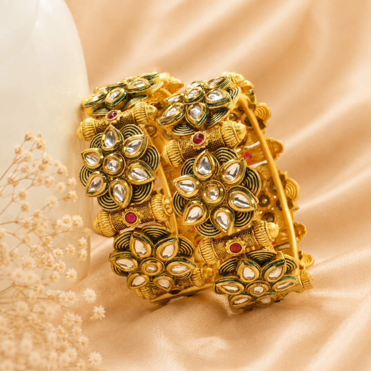 Traditional Punjabi Bridal Gold Plated Kundan Kangan Pair Designer Wedding Bangles for Women