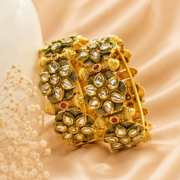Traditional Punjabi Bridal Gold Plated Kundan Kangan Pair Designer Wedding Bangles for Women