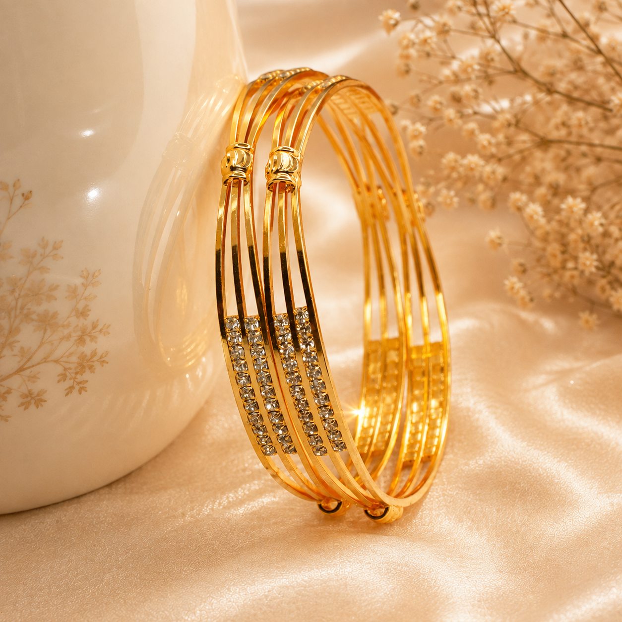 Premium Gold Plated CZ Stone Bangles Pair for Women | Elegant Party Wear Indian Kangan