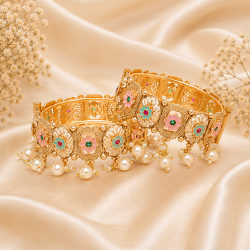 Designer Gold Plated Meenakari Floral Pearl Kangan Pair for Women Traditional Bridal Wedding Bangles