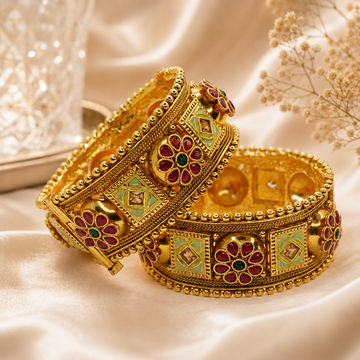 Handcrafted Indian Gold Plated Meenakari Floral Hinged Bangles Pair Ethnic Bridal Jewelry Gift for Women
