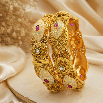 Luxury Designer Gold Meenakari Floral Kangan Pair Pink Stone Statement Bangles for Wedding & Festive Wear