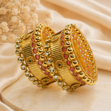 Handcrafted Indian Gold Plated Bridal Kangan Bracelet Pair with Mirror Kundan & Pink Enamel Ethnic Jewelry