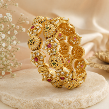 Premium Gold Plated Meenakari Jali Bangles Pair with Pink CZ Stones & Pearls for Women Wedding Ethnic Wear