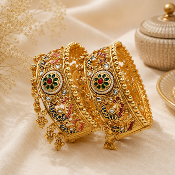 Indian Gold Plated Meenakari Kundan Bridal Bangles Pair Handmade Ethnic Wedding Jewelry for Women