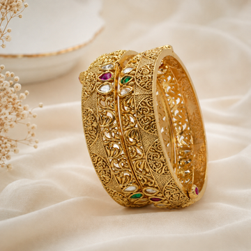 Indian Gold Plated Filigree Kundan Bridal Bangles Pair Traditional Ethnic Wedding Jewelry Gift for Women