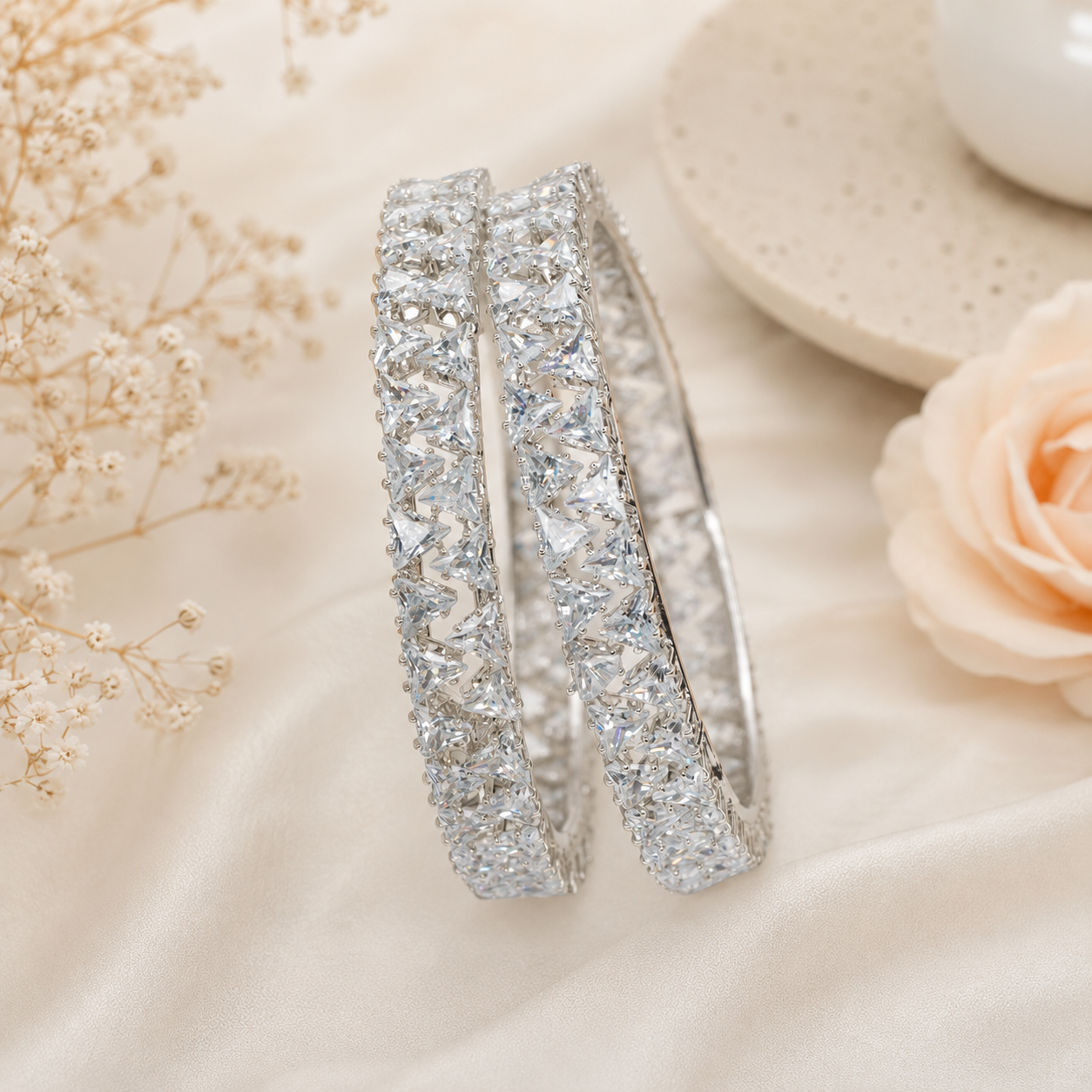 Designer Silver Rhodium Plated Triangle Cut CZ Diamond Broad Kada Bangle for Women Luxury Bridal Wedding Party Wear