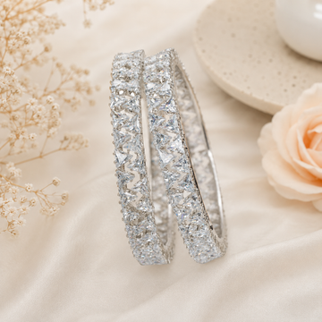 Designer Silver Rhodium Plated Triangle Cut CZ Diamond Broad Kada Bangle for Women Luxury Bridal Wedding Party Wear